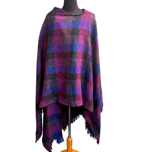 100% WOOL Purple, Pink, Blue Plaid Poncho Wrap One Size Cape Fringe Blanket EUC - Picture 1 of 15